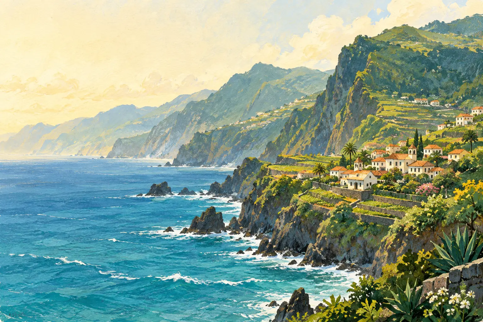 A painted Madeira: sunlit green terraces and a little coastal village above the blue Atlantic