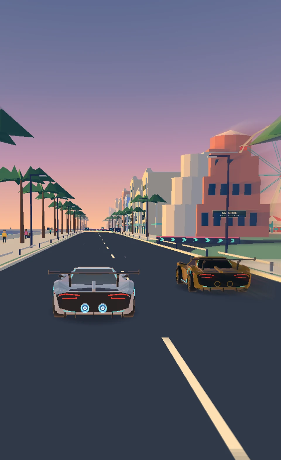 Vice Race: nitro on Ocean Drive, a gold rival, palm trees and the Atlantic at sunset. Captured in the game.